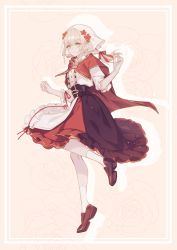 Rule 34 | 1girl, apron, azusawa kohane, black skirt, blonde hair, bow, brown footwear, capelet, flower, gold trim, hair bow, hair flower, hair ornament, head scarf, highres, loafers, looking at viewer, pink background, project sekai, red bow, red capelet, red flower, red skirt, shirt, shoes, simple background, skirt, slc yh, sleeves past elbows, solo, standing, standing on one leg, w arms, white apron, white shirt, yellow eyes, zekkyou!? ookami no mori e youkoso! (project sekai)