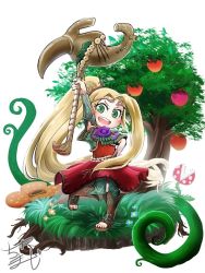 Rule 34 | 1girl, blonde hair, blue flower, blush stickers, bracer, chamaji, commentary request, crossover, dress, flower, food, fruit, grass, high ponytail, holding, holding staff, kid icarus, kid icarus uprising, laurel crown, leggings, long hair, looking at viewer, mario (series), viridi, nintendo, open mouth, piranha plant, plant, rafflesia (flower), short sleeves, signature, smile, solo, staff, toeless footwear, tree, very long hair, vines, white background