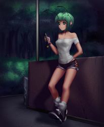 Rule 34 | 1girl, alternate costume, antennae, arm behind back, bare shoulders, bracelet, breasts, cellphone, character doll, contemporary, covered erect nipples, earrings, full body, green eyes, green hair, green nails, hater (hatater), highres, jewelry, matching hair/eyes, medium breasts, nail polish, night, non-web source, off shoulder, phone, rumia, shirt, shoes, short hair, short sleeves, shorts, smile, sneakers, socks, solo, standing, touhou, trash can, white socks, wriggle nightbug, wristband
