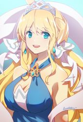 Rule 34 | 1girl, ahoge, bare shoulders, blonde hair, blue background, blue eyes, breasts, choker, cleavage, cygames, dragalia lost, dress, earrings, hair ribbon, highres, horn ornament, horns, jewelry, large breasts, looking at viewer, lucidsky, nintendo, open mouth, ribbon, signature, smile, tiara, zethia