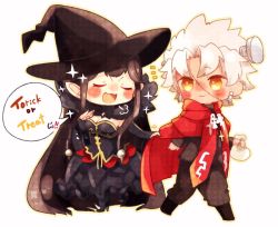 Rule 34 | 1boy, 1girl, amakusa shirou (fate), black hair, blush, breasts, brown eyes, cleavage, cloak, cross, detached sleeves, dress, earrings, closed eyes, fate/apocrypha, fate (series), grey hair, halloween, hat, open mouth, pants, pointy ears, scar, semiramis (fate), shoes, short hair, smile, very long hair, witch hat
