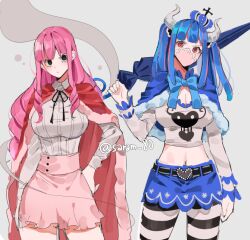 Rule 34 | 2girls, belt, black bow, black eyes, blue bow, blue capelet, blue hair, blue skirt, blunt bangs, bow, cape, capelet, commentary, commentary request, cowboy shot, crop top, crown, drill hair, drill sidelocks, eyelashes, grey background, hand on own hip, high-waist skirt, holding, horns, joman, korean commentary, long hair, long sleeves, looking at another, mask, mini crown, mouth mask, multiple girls, one piece, pantyhose, perona, pink hair, pink skirt, red cape, shirt, shirt tucked in, sidelocks, simple background, skirt, standing, striped clothes, striped pantyhose, striped thighhighs, thighhighs, twintails, ulti (one piece), umbrella, white shirt