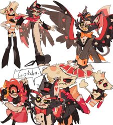 Rule 34 | 1girl, 2boys, :d, angel dust, animal ears, apron, armpit carry, black bow, black bowtie, black fur, black hair, black headwear, black pants, black sclera, black wings, blood, blood on face, body fur, bow, bowtie, card, cat boy, cat ears, chinese commentary, claws, club (shape), coattails, colored sclera, commentary request, cyclops, dress, english text, evil grin, evil smile, extra arms, frown, full body, fur-tipped tail, furry, furry male, gloves, gold teeth, grey jacket, grey pants, grin, hat, hazbin hotel, heart, heart out of chest, husk (hazbin hotel), invisible table, jacket, lifting person, longcat (meme), looking ahead, looking at another, male focus, meme, mismatched sclera, monster boy, monster girl, multicolored hair, multicolored wings, multiple boys, multiple views, niffty (hazbin hotel), no mouth, one-eyed, open mouth, orange bow, orange bowtie, orange hair, pants, pink dress, pink eyes, pink gloves, pink hair, pink jacket, pink sclera, playing card, red bow, red bowtie, red wings, scratches, sharp teeth, short hair, simple background, sleeve cuffs, smile, spade (shape), speech bubble, streaked hair, striped clothes, striped jacket, suspenders, suspenders removed, suspenders slip, tail, teeth, top hat, traditional bowtie, tuxedo, two-tone fur, white apron, white background, white fur, wings, ye (guansuanna96669), yellow eyes, yellow sclera, yellow teeth