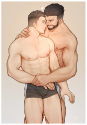 Rule 34 | 2boys, abs, absurdres, bara, beard, black hair, black male underwear, boxer briefs, bulge, commission, couple, cropped legs, dungeon and fighter, eye contact, facial hair, holding hands, highres, light brown hair, looking at another, male focus, male priest (dungeon and fighter), male underwear, multiple boys, muscular, muscular male, nipples, original, pectorals, peterhl, short hair, smile, underwear, underwear only, yaoi