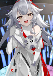 Rule 34 | 1girl, :d, absurdres, bright pupils, cowboy shot, dai mao xuan yi, dress, fang, fenrir (tower of fantasy), gloves, grey hair, hand up, heart, highres, looking at viewer, open mouth, orange eyes, short eyebrows, single bare shoulder, skin fang, smile, solo, tower of fantasy, white dress, white gloves, white pupils