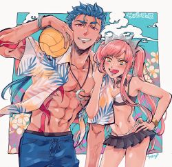 Rule 34 | 1boy, 1girl, :d, aqua eyes, arm hug, arm tattoo, ball, bikini, black skirt, blue hair, blue male swimwear, blue shorts, blue swim trunks, bracelet, chest tattoo, cowboy shot, crescent, crescent necklace, cu chulainn (fate), cu chulainn (fate/stay night), drawstring, fate/grand order, fate (series), grin, hair strand, hand on own hip, hawaiian shirt, highres, jewelry, long hair, looking at viewer, male swimwear, medb (fate), medb (swimsuit saber) (fate), medb (swimsuit saber) (second ascension) (fate), miniskirt, multicolored eyes, necklace, open mouth, pink hair, red eyes, shirt, shorts, sidelocks, signature, skirt, smile, standing, swim trunks, swimsuit, takara hajimaru, tattoo, teeth, thick eyebrows, tiara, twintails, veins, veiny arms, volleyball, volleyball (object), yellow eyes