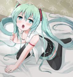 Rule 34 | 1girl, :o, boots, green eyes, green hair, hatsune miku, long hair, matching hair/eyes, open mouth, poipoi purin, skirt, solo, thigh boots, thighhighs, twintails, very long hair, vocaloid, lat model (mikumikudance)