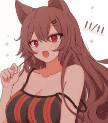 Rule 34 | 1girl, :o, absurdres, animal ear fluff, animal ears, arm at side, bare shoulders, breasts, brown hair, camisole, cleavage, eating, eyelashes, fang, food, hair between eyes, hair ornament, hairclip, hand up, highres, holding, holding food, holding pocky, large breasts, light blush, long hair, open mouth, original, pocky, pocky day, red eyes, risshu, skin fang, strap slip, striped, striped camisole, tongue, two-tone camisole, upper body, vertical stripes, white background