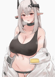Rule 34 | 1girl, absurdres, arknights, blush, breasts, choker, cleavage, highres, horns, large breasts, long hair, looking at viewer, mudrock (arknights), mudrock (elite ii) (arknights), navel, no panties, open clothes, red eyes, simple background, snao (snao na snao), solo, steam, sweat, very long hair, white background