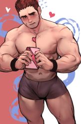 Rule 34 | 1boy, abs, bara, beard, between pectorals, blush, body hair, brown hair, bulge, cowboy shot, dopey (dopq), facial hair, gift, tamamura gunzo, highres, large pectorals, looking at viewer, male focus, male underwear, manly, muscular, nipples, pectorals, simple background, solo, thick thighs, thighs, tokyo houkago summoners, topless male, underwear, upper body, valentine