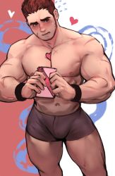 1boy abs bara beard between_pectorals blush body_hair brown_hair bulge cowboy_shot dopey_(dopq) facial_hair gift tamamura_gunzo highres large_pectorals looking_at_viewer male_focus male_underwear manly muscular nipples pectorals simple_background solo thick_thighs thighs tokyo_houkago_summoners topless_male underwear upper_body valentine