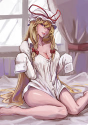 Rule 34 | 1girl, absurdres, bare legs, bedroom, blonde hair, bottomless, bow, breasts, cleavage, closed mouth, collarbone, collared shirt, commentary, curtains, day, eyelashes, full body, hair between eyes, hair ribbon, hat, hat ribbon, highres, indoors, large breasts, lips, long hair, long sleeves, looking at viewer, mob cap, morinosuke, naked shirt, on bed, one eye closed, red bow, red ribbon, ribbon, shirt, sidelocks, sitting, sleeves past fingers, sleeves past wrists, smile, solo, thighs, touhou, tress ribbon, very long hair, wariza, white hat, white shirt, window, yakumo yukari