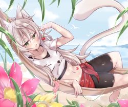 Rule 34 | 1girl, animal ears, animal print, arm up, barefoot, bike shorts, blush, cat ears, cat girl, cat print, cat tail, clothes around waist, cloud, crop top, day, eyebrows, fang, flower, food, fruit, green eyes, heart, heart tattoo, holding, holding food, holding fruit, jiino, jitome, long hair, looking at viewer, lying, midriff, navel, on back, open mouth, original, rikura (jiino), shirt, short sleeves, silver hair, sky, solo, stomach, tail, tattoo, thick eyebrows, undershirt, white shirt