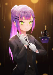 Rule 34 | 1girl, absurdres, adjusting clothes, adjusting gloves, alternate hairstyle, barbell piercing, bibi (tokoyami towa), black necktie, blush, butler, closed mouth, colored inner hair, creature, crossdressing, ear piercing, earrings, gloves, green eyes, hair ornament, hairclip, highres, hololive, huge filesize, industrial piercing, jewelry, lonegaze, long hair, looking at viewer, multicolored hair, necktie, piercing, pink hair, pointy ears, ponytail, purple hair, sidelocks, smile, solo, streaked hair, tokoyami towa, tuxedo, upper body, virtual youtuber, waistcoat, white gloves
