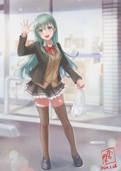 Rule 34 | 1girl, absurdres, aqua eyes, aqua hair, artist logo, bag, blazer, blurry, blurry background, blush, bow, bowtie, breasts, brown cardigan, brown jacket, brown skirt, brown thighhighs, cardigan, commission, convenience store, dated, day, green eyes, hair ornament, hairclip, highres, jacket, kamo mayor, kantai collection, long hair, looking at viewer, medium breasts, outdoors, pixiv commission, plastic bag, pleated skirt, red bow, red bowtie, school uniform, shirt, shoes, shop, skirt, smile, solo, suzuya (kancolle), suzuya kai ni (kancolle), thighhighs, white shirt