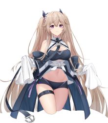 Rule 34 | 1girl, absurdres, anchor symbol, anchorage (azur lane), azur lane, bare shoulders, black shorts, blue coat, blunt ends, blush, breasts, chinese commentary, cleavage, closed mouth, coat, commentary, cropped legs, crossed bangs, groin, hair between eyes, hair ornament, headgear, highres, kafeifeifeifeifeifei jiemo jun, large breasts, leg belt, light brown hair, long hair, looking at viewer, midriff, navel, neckwear between breasts, off shoulder, purple eyes, shirt, short shorts, shorts, sidelocks, simple background, sleeves past fingers, sleeves past wrists, smile, solo, standing, taut clothes, tied shirt, twintails, very long hair, white background, white shirt, white sleeves, wide sleeves