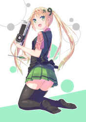 Rule 34 | 1girl, apron, ass peek, black bow, black thighhighs, blonde hair, blue sweater vest, bow, breasts, changaa, collared shirt, dot nose, fang, from behind, full body, geforce gtx 980, graphics card, green eyes, green skirt, hair ornament, happy, highres, holding, holding screwdriver, kneeling, light blush, long hair, looking at viewer, looking back, multicolored background, no shoes, open mouth, original, parted bangs, pink shirt, plaid, plaid shirt, pleated skirt, screwdriver, shirt, short sleeves, sidelocks, simple background, skirt, small breasts, smile, solo, sweater vest, thighhighs, tsukumo-tan, turning head, twintails