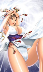 Rule 34 | 1girl, alternate color, alternate costume, breasts, brown eyes, brown hair, cameltoe, capcom, chun-li, cleavage, double bun, covered erect nipples, eyeshadow, judge martin, large breasts, makeup, pelvic curtain, short hair, solo, street fighter, street fighter iv (series), thighs