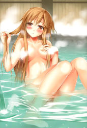 Rule 34 | 10s, 1girl, asuna (sao), barefoot, bathing, blush, breasts, brown eyes, brown hair, censored, censored nipples, convenient censoring, covering breasts, covering privates, embarrassed, eyebrows, feet, hair over breasts, half updo, hanahanamaki, highres, holding, holding own hair, knees together feet apart, large breasts, legs, long hair, looking at viewer, nude, onsen, outdoors, partially submerged, raised eyebrows, sitting, solo, sousouman, steam, sword art online, thighs, toes, water, wet