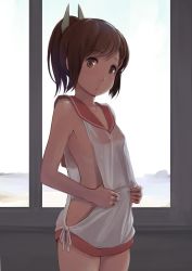 Rule 34 | 10s, 1girl, bad id, bad twitter id, breasts, brown eyes, brown hair, covered erect nipples, gradient background, highres, i-401 (kancolle), inactive account, kantai collection, ponytail, sailor collar, school uniform, see-through, short hair, small breasts, solo, tan, wa (genryusui)