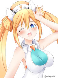 Rule 34 | 1girl, ;d, arm up, bare shoulders, blue eyes, blush, breasts, covered navel, hair between eyes, hair rings, hand up, happy, hat, highres, long hair, looking at viewer, medium breasts, neptune (series), nitoya, no gloves, nurse cap, one eye closed, open mouth, orange hair, orange heart (neptunia), power symbol, power symbol-shaped pupils, shin jigen game neptune vii, skin tight, sleeveless, smile, solo, symbol-shaped pupils, twintails, upper body, very long hair, w over eye