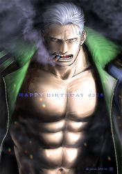 Rule 34 | 1boy, abs, bara, bare pectorals, beard, cigar, coat, facial hair, frown, green coat, kokorozashi, large pectorals, long sideburns, looking at viewer, male focus, mature male, muscular, muscular male, navel, nipples, one piece, open clothes, open coat, pectorals, scar, scar on chest, short hair, sideburns, smoker (one piece), smoking, solo, stomach, stubble, upper body, white hair