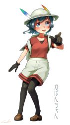 Rule 34 | 1girl, :d, backpack, bag, black gloves, black pantyhose, blue eyes, blue hair, brown footwear, character name, collarbone, commentary request, full body, gloves, hat, hat feather, highres, kaban (kemono friends), kemono friends, open mouth, pantyhose, pantyhose under shorts, pointing, pointing at viewer, red shirt, shirt, shoes, short hair, short sleeves, shorts, signature, simple background, smile, solo, standing, translated, welt (kinsei koutenkyoku), white background, white hat, white shorts