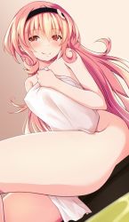 Rule 34 | 1girl, blush, breasts, compa, covering breasts, covering privates, highres, iwashi dorobou -r-, large breasts, long hair, looking at viewer, neptune (series), nude cover, pink eyes, pink hair, sitting, smile, smug, towel