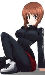 Rule 34 | 1girl, absurdres, aikir (jml5160), blush, brown eyes, brown hair, closed mouth, commentary, cross-laced footwear, double vertical stripe, girls und panzer, highres, jacket, jersey, knee up, light frown, looking at viewer, nishizumi miho, pants, pants under skirt, pleated skirt, red skirt, shoes, short hair, simple background, skirt, solo, sweatdrop, track jacket, track pants, track suit, white background, white footwear