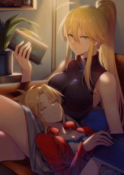 Rule 34 | 2girls, ahoge, aqua eyes, artoria pendragon (fate), artoria pendragon (lancer) (fate), blonde hair, book, bookmark, breasts, closed eyes, fate/apocrypha, fate/grand order, fate (series), flat chest, highres, indoors, jacket, lap pillow, large breasts, mordred (fate), mordred (fate/apocrypha), mother and daughter, multiple girls, ponytail, red jacket, sleeping, yorukun