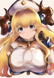 Rule 34 | 1girl, absurdres, blonde hair, blue eyes, breasts, draph, frown, granblue fantasy, hat, highres, horns, large breasts, long hair, looking at viewer, maou (maoudaisukiya), pointy ears, razia, upper body, very long hair