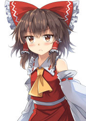 Rule 34 | &gt;:(, 1girl, ascot, bare shoulders, blush, bow, brown eyes, brown hair, commentary request, detached sleeves, e.o., frilled bow, frilled shirt collar, frills, hair between eyes, hair bow, hair tubes, hakurei reimu, highres, looking at viewer, pink lips, red bow, red skirt, ribbon-trimmed sleeves, ribbon trim, short hair, sidelocks, simple background, skirt, sleeveless, solo, touhou, upper body, v-shaped eyebrows, white background, yellow ascot