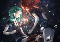 Rule 34 | androgynous, azomo, black legwear, black neckwear, black shirt, black shorts, floating, from side, gender request, green eyes, green hair, highres, houseki no kuni, looking at another, looking at viewer, looking to the side, necktie, phosphophyllite, puffy short sleeves, puffy sleeves, red eyes, red hair, cinnabar (houseki no kuni), shirt, short hair, short sleeves, shorts, signature, spoilers, thighhighs, white shirt, wing collar