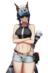 Rule 34 | 1girl, absurdres, arknights, aviator sunglasses, bare arms, bare shoulders, baseball cap, belt, bikini, black bikini, blue hair, breasts, cero (last2stage), ch&#039;en (arknights), ch'en (arknights), collarbone, commentary request, cowboy shot, crossed arms, dragon horns, dragon tail, female tourist c (arknights), grey shorts, halterneck, hat, highleg, highleg bikini, highres, horns, horns through headwear, long hair, medium breasts, navel, official alternate costume, open fly, pouch, short shorts, shorts, sidelocks, simple background, solo, standing, stomach, sunglasses, swimsuit, tail, thighs, tinted eyewear, white background, white hat