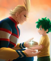 Rule 34 | 2boys, aged down, all might, artist name, black sclera, blonde hair, blue bodysuit, blue eyes, bodysuit, boku no hero academia, brown background, child, colored sclera, commentary, english commentary, freckles, from side, green hair, green pants, highres, looking down, midoriya izuku, multicolored bodysuit, multicolored clothes, multiple boys, muscular, muscular male, orange shirt, pants, parted lips, red bodysuit, shirt, short sleeves, smile, sparkle, teeth, trevo (trevoshere), white bodysuit
