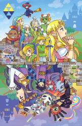 Rule 34 | 6+girls, ^ ^, arm support, bird, bird on hand, blonde hair, blue eyes, blue skin, broom, broom riding, castle, child&#039;s drawing, circlet, closed eyes, cloud, colored skin, different reflection, everyone, forehead jewel, green hair, green skin, grin, gulley, hair over one eye, hat, holding, holding sword, holding weapon, impa, irene (zelda), jewelry, kneeling, left-handed, link, mask, master sword, mojgon, multiple boys, multiple girls, nintendo, osfala, outdoors, own hands clasped, own hands together, planted, planted sword, planted weapon, pointy ears, praying, princess, princess hilda, princess zelda, purple hair, queen oren, ravio, red eyes, reflection, rosso (zelda), scarf, seres (zelda), sheerow, shell, shell bikini, sidelocks, sky, smile, spoilers, striped clothes, striped scarf, sword, the legend of zelda, the legend of zelda: a link between worlds, tiara, toon link, triforce, weapon, wide sleeves, witch hat, yuga (zelda), zora