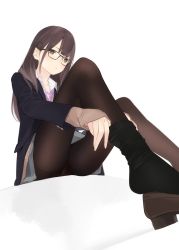 Rule 34 | 1girl, adjusting clothes, adjusting legwear, ama mitsuki, black pantyhose, blazer, blush, brown eyes, brown hair, closed mouth, collarbone, commentary request, glasses, grey skirt, jacket, loafers, long hair, long sleeves, necktie, original, pantyhose, shoes, unworn shoes, simple background, single shoe, sitting, skirt, socks, socks over pantyhose, solo, sweater, white background