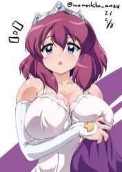 Rule 34 | 1girl, :o, babydoll, blue eyes, breasts, cleavage, crown, dated, detached sleeves, henrietta de tristain, large breasts, looking at viewer, nafta, purple hair, signature, simple background, solo, white babydoll, white background, zero no tsukaima