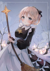 Rule 34 | 1girl, :o, afk arena, apron, bad id, bad pixiv id, bare tree, black bow, black dress, blush, bow, braid, breasts, broom, brown hair, collared dress, commentary request, day, dress, grey eyes, hair bow, highres, holding, holding broom, long sleeves, looking at viewer, maid, outdoors, parted lips, puffy long sleeves, puffy sleeves, rosaline (afk arena), small breasts, snow, solo, spi, tree, white apron