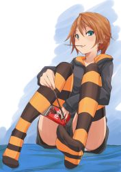 Rule 34 | 1girl, bed, bed sheet, black thighhighs, blue eyes, brown hair, feet, food, foot focus, fu-ta, highres, long sleeves, looking at viewer, no shoes, orange thighhighs, original, panties, pantyshot, pocky, short hair, short shorts, shorts, sitting, sleeves past wrists, smile, soles, solo, striped clothes, striped thighhighs, thighhighs, toe-point, underwear, upshorts