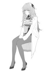 Rule 34 | 1girl, absurdres, animal ears, asimo (hakurei10201), blush, breasts, closed mouth, commentary request, crying, crying with eyes open, english text, frown, full body, girls&#039; frontline neural cloud, greyscale, high heels, highres, lab coat, large breasts, long hair, mixed-language text, monochrome, multilingual, pantyhose, persicaria (neural cloud), pet shaming, ribbed sweater, simple background, sitting, skirt, sleeves past wrists, solo, sweater, tears, translation request, very long hair, white background