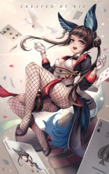 Rule 34 | 1girl, absurdres, ace (playing card), ace of spades, animal ear fluff, animal ears, bad id, bad pixiv id, bird, black bow, black footwear, black hair, black jacket, black leotard, blade &amp; soul, blue eyes, bow, bowtie, card, chain, club (shape), collared jacket, commission, detached collar, diamond (shape), dove, earrings, fishnet pantyhose, fishnets, full body, gloves, hair ornament, high heels, highres, jacket, jewelry, joker (playing card), kie (wylee2212), korean commentary, leotard, long hair, looking at viewer, lyn (blade &amp; soul), open clothes, open jacket, open mouth, pantyhose, playing card, queen (playing card), queen of clubs, reclining, smile, solo, spade (shape), tail, thigh strap, two side up, vest, white gloves, white vest