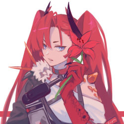 Rule 34 | 1girl, arknights, bare shoulders, blue eyes, chinese commentary, choker, commentary request, flower, fur trim, hair between eyes, hand up, highres, holding, holding flower, horns, long hair, looking at viewer, material growth, off shoulder, oripathy lesion (arknights), parted lips, red choker, red flower, red hair, shirt, simple background, solo, toddifons (arknights), towne, twintails, upper body, white background, white shirt