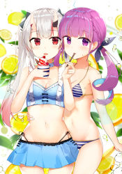 Rule 34 | 2girls, ahoge, bare arms, bare shoulders, bikini, bikini skirt, blue bikini, blue hair, blush, braid, breasts, collarbone, commentary request, eating, food, fruit, hair ornament, hair ribbon, highres, hololive, horns, lemon, lemon slice, long hair, looking at viewer, mask, medium breasts, minato aqua, minato aqua (hololive summer 2019), multicolored hair, multiple girls, nakiri ayame, nakiri ayame (hololive summer 2019), navel, official alternate costume, open mouth, purple eyes, purple hair, red eyes, ribbon, silver hair, skin-covered horns, smile, streaked hair, swimsuit, twintails, two-tone hair, virtual youtuber, zhiyou ruozhe