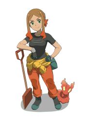 Rule 34 | 1girl, boots, breasts, brown hair, closed mouth, clothes around waist, creatures (company), eyelashes, game freak, gen 2 pokemon, gloves, green eyes, green footwear, hand on own hip, highres, holding, holding shovel, ia (ilwmael9), looking at viewer, medium breasts, multicolored hair, nintendo, orange pants, orla (pokemon), pants, parted bangs, pokemon, pokemon (anime), pokemon (creature), pokemon horizons, shirt, short sleeves, shovel, sidelocks, slugma, smile, split mouth, standing, t-shirt, white background