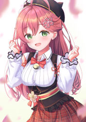 1girl ahoge bell beret blurry blurry_foreground blush bodice bow bowtie breasts clenched_hands clothing_cutout collared_shirt falling_petals flower frilled_sleeves frills green_eyes hair_between_eyes hair_flower hair_ornament hairclip hands_up hat highres hololive junky_(nono_kanata) long_hair long_sleeves looking_at_viewer medium_breasts neck_bell official_alternate_costume open_mouth petals pink_hair plaid_clothes plaid_skirt pleated_skirt red_bow red_skirt sakura_miko sakura_miko_(casual) shirt shoulder_cutout skirt smile solo virtual_youtuber white_shirt white_sleeves