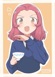Rule 34 | 1girl, :d, artist name, black necktie, blue sweater, blush, brown eyes, cbgb, commentary request, cropped torso, cup, dress shirt, girls und panzer, highres, holding, holding cup, long sleeves, looking at viewer, medium hair, necktie, ojou-sama pose, open mouth, orange background, outline, red hair, rosehip (girls und panzer), school uniform, shirt, signature, smile, smug, solo, st. gloriana&#039;s school uniform, sweater, teacup, upper body, v-neck, white outline, white shirt