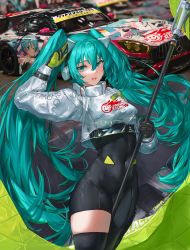Rule 34 | 1girl, :d, absurdres, aqua eyes, aqua hair, black bodysuit, black thighhighs, bodysuit, breasts, car, clothes writing, cowboy shot, crop top, flag, goodsmile racing, hair between eyes, hatsune miku, headphones, highres, holding, holding flag, long hair, long sleeves, looking at viewer, medium breasts, motor vehicle, official alternate costume, open mouth, race queen, race vehicle, racecar, racing miku, racing miku (2022), sawkm, signature, single thighhigh, smile, solo, thighhighs, twintails, two-tone gloves, very long hair, vocaloid