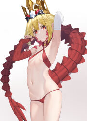 Rule 34 | 1girl, absurdres, bikini, blonde hair, braid, breasts, criss-cross halter, crown, dragon tail, facial mark, fate/grand order, fate (series), french braid, hair intakes, halterneck, highres, looking at viewer, nero claudius (fate), nero claudius (fate) (all), pointy ears, queen draco (fate), queen draco (second ascension) (fate), red bikini, red eyes, scales, small breasts, solo, swimsuit, tail, yamachi (xadp7533)