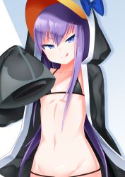 Rule 34 | 1girl, :q, animal hood, bikini, bikini under clothes, black bikini, black jacket, blue bow, blue eyes, bow, closed mouth, collarbone, commentary request, fate/grand order, fate (series), hair between eyes, hand up, highres, hood, hood up, hooded jacket, jacket, kirisame mia, long hair, long sleeves, looking at viewer, meltryllis, meltryllis (fate), meltryllis (swimsuit lancer) (fate), meltryllis (swimsuit lancer) (first ascension) (fate), navel, open clothes, open jacket, penguin hood, purple hair, sleeves past fingers, sleeves past wrists, smile, solo, swimsuit, tongue, tongue out, v-shaped eyebrows, very long hair